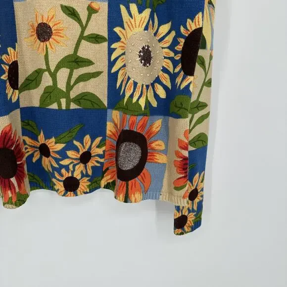 NorthStyle Sweater Womens Large Sunflower Floral Pullover Blue Beige Knit Boho L - Picture 3 of 12